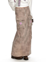 Beige Cargo Maxi Skirt with Pink Star Patch