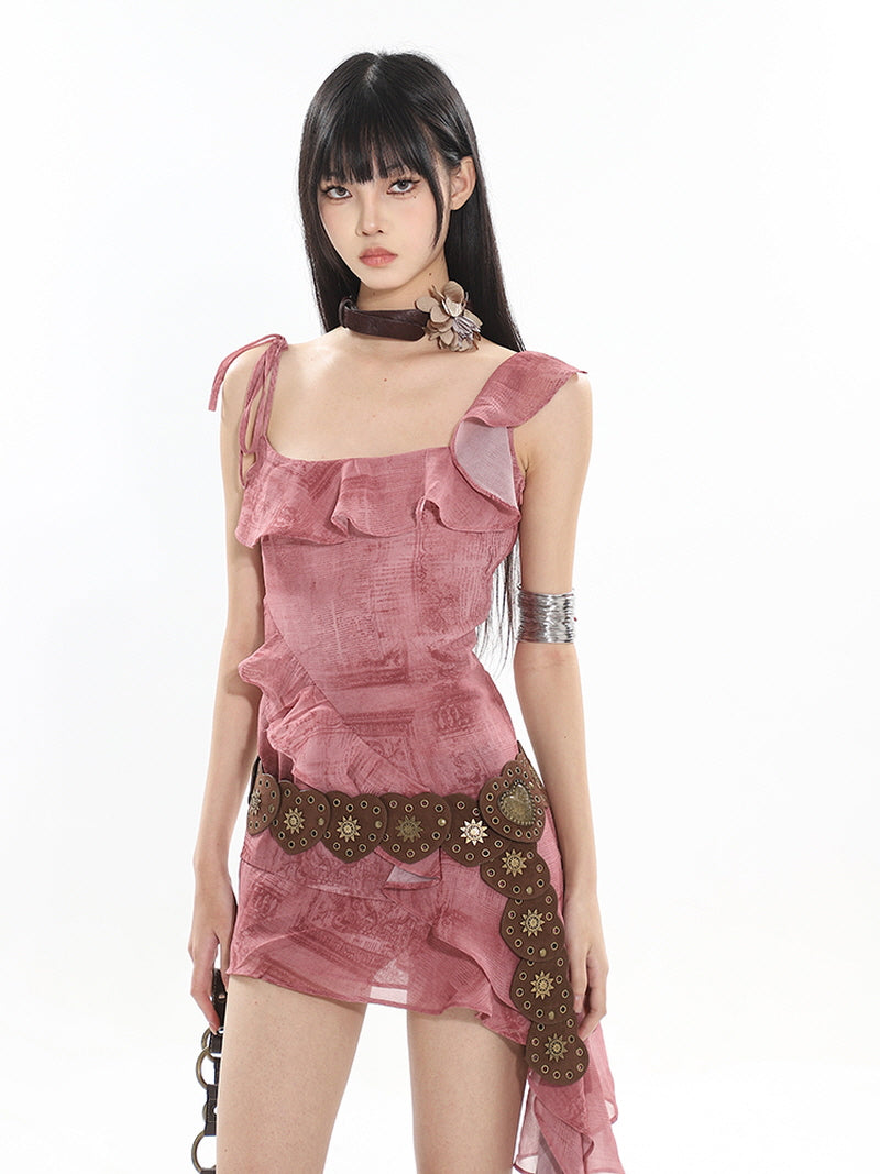 Pink Asymmetric Ruffle Dress
