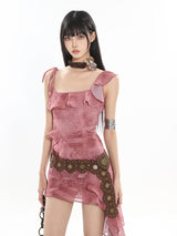 Pink Asymmetric Ruffle Dress