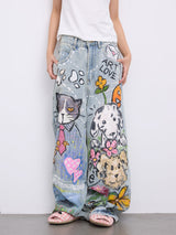 Hand-Painted Style Wide Denim Pants