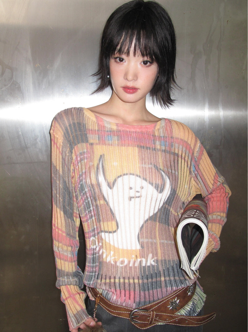 Multi-Color Check Knit Top with Ghost Print
