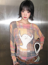 Multi-Color Check Knit Top with Ghost Print