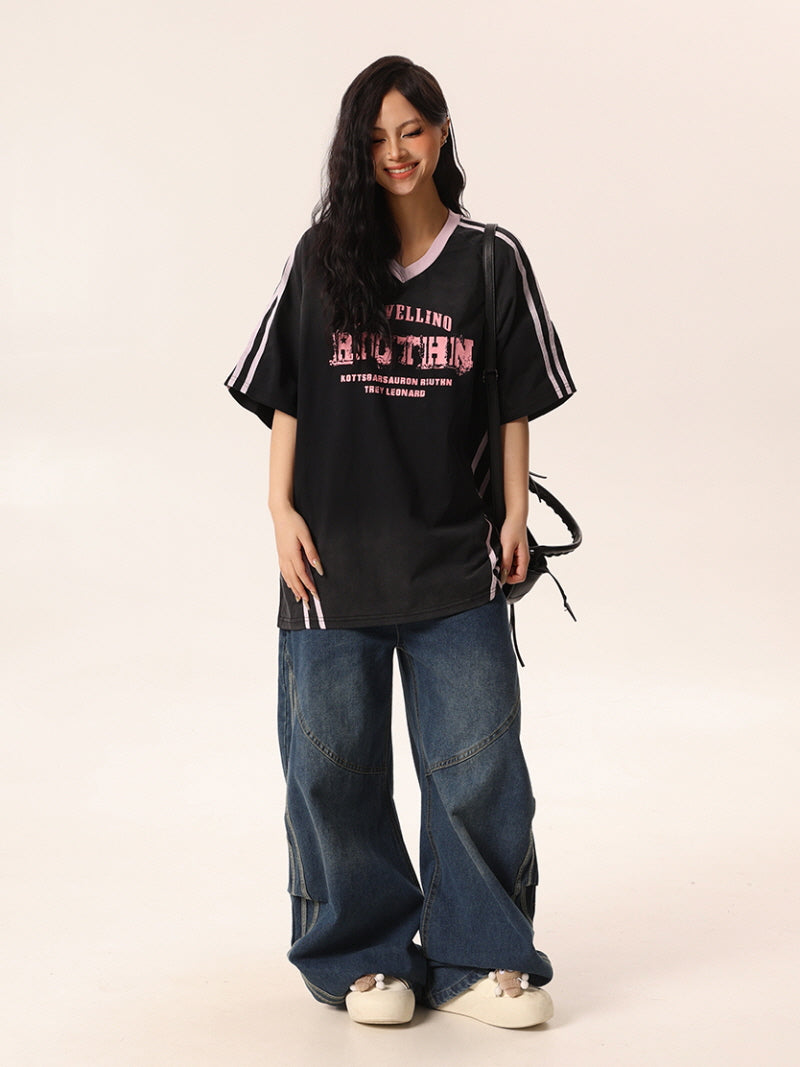Black V-Neck Tee with Pink Accents