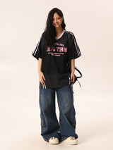 Black V-Neck Tee with Pink Accents