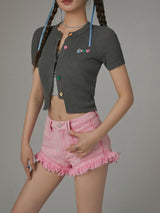 Pink Cut-Off Denim Shorts