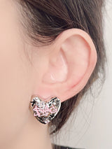 Pink Inked Heart Stud Earrings