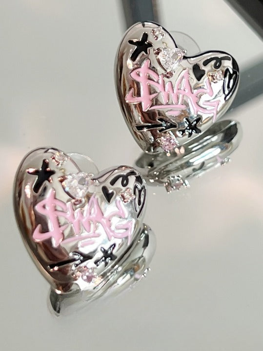 Pink Inked Heart Stud Earrings