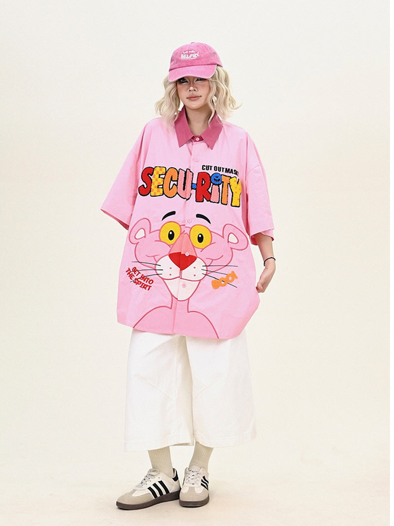 Pink Button-Up Shirt with Character & Lettering Print