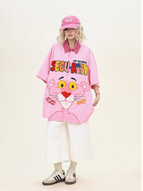 Pink Button-Up Shirt with Character & Lettering Print