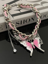Pink Butterfly Leather Chain-Stitched Choker