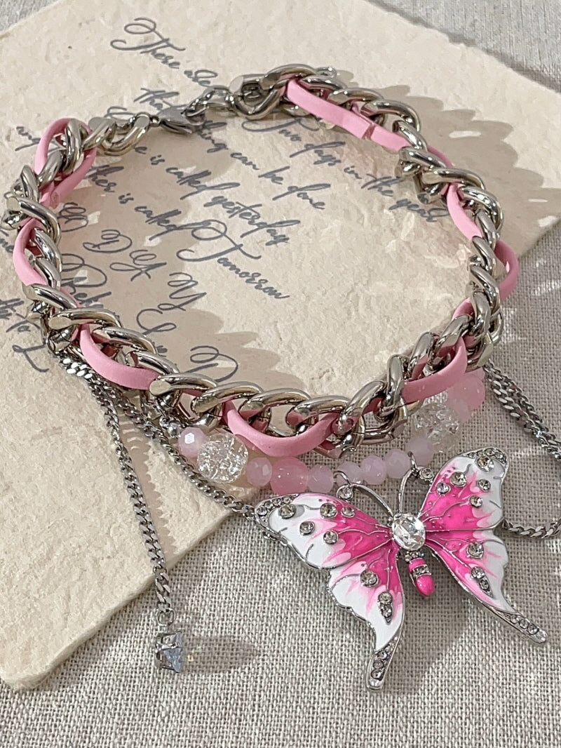 Pink Butterfly Leather Chain-Stitched Choker
