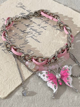 Pink Butterfly Leather Chain-Stitched Choker