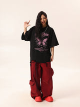 Black Tee with Pink Butterfly & Cut-Out Details