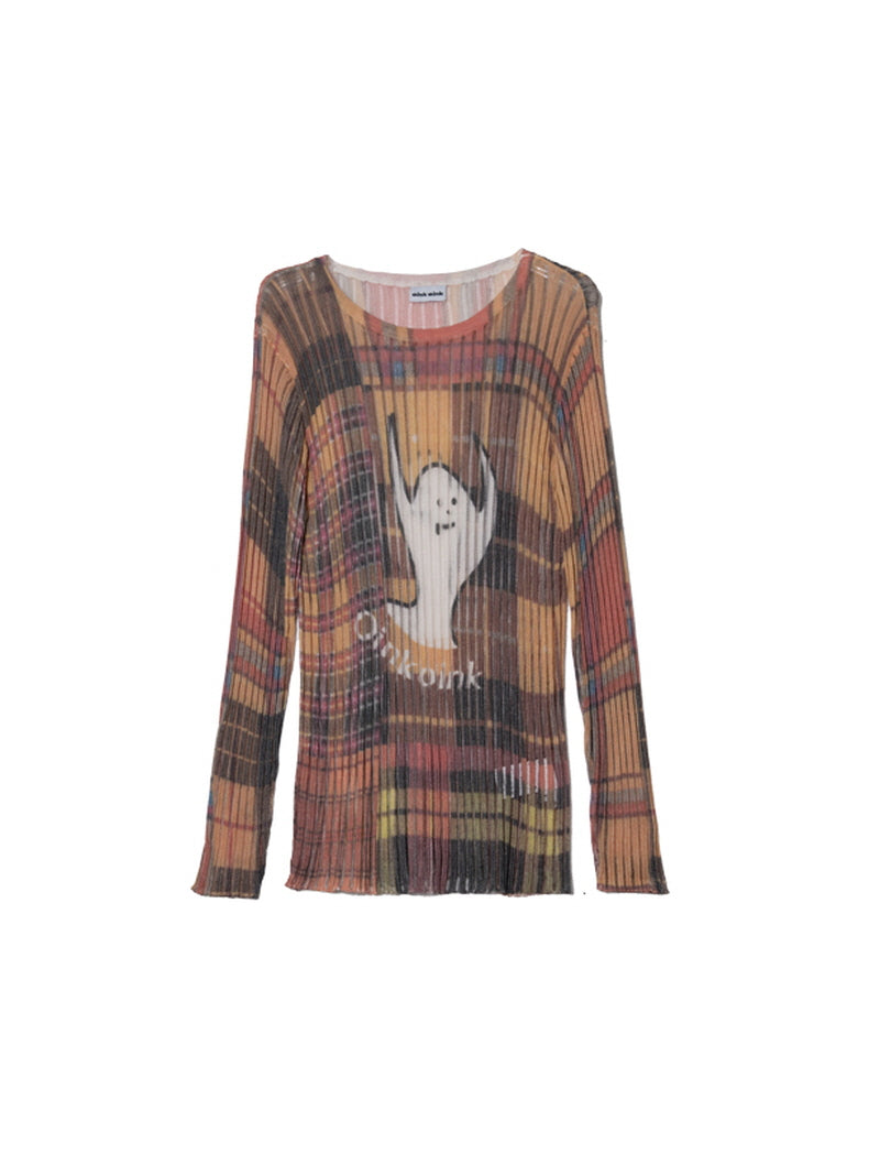 Multi-Color Check Knit Top with Ghost Print