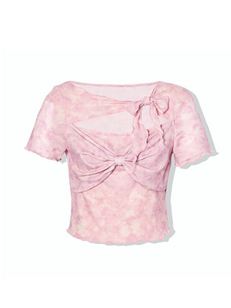 Pink Cut-Out Ribbon Crop Top