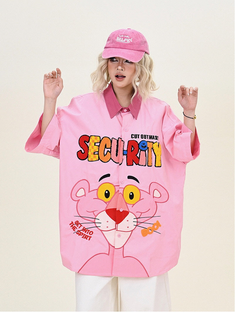 Pink Button-Up Shirt with Character & Lettering Print
