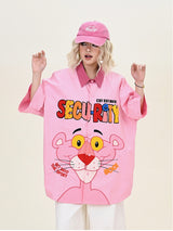 Pink Button-Up Shirt with Character & Lettering Print