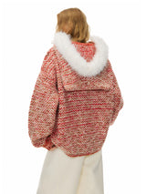 Red Flower Fur Hooded Cardigan