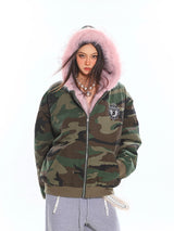 Pink Fur & Camo Reversible Hoodie Jacket