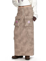 Beige Cargo Maxi Skirt with Pink Star Patch