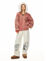 Red Flower Fur Hooded Cardigan