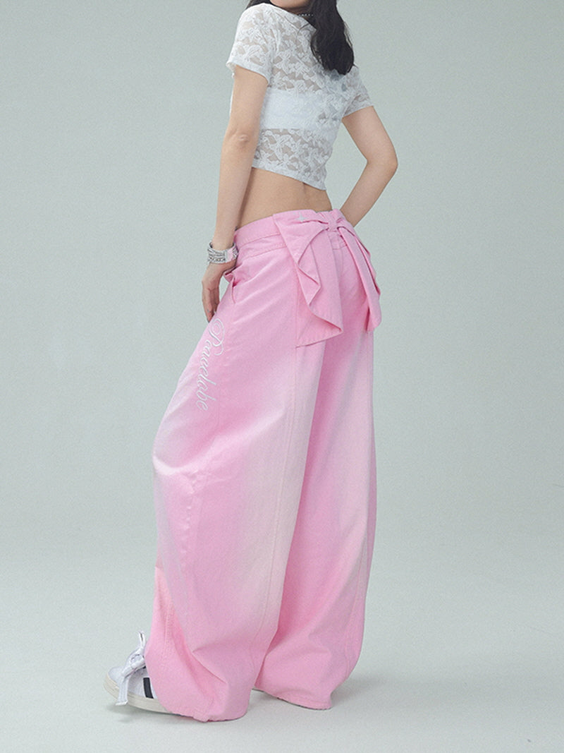Gradient Pink Wide-Leg Pants with Back Bow Detail