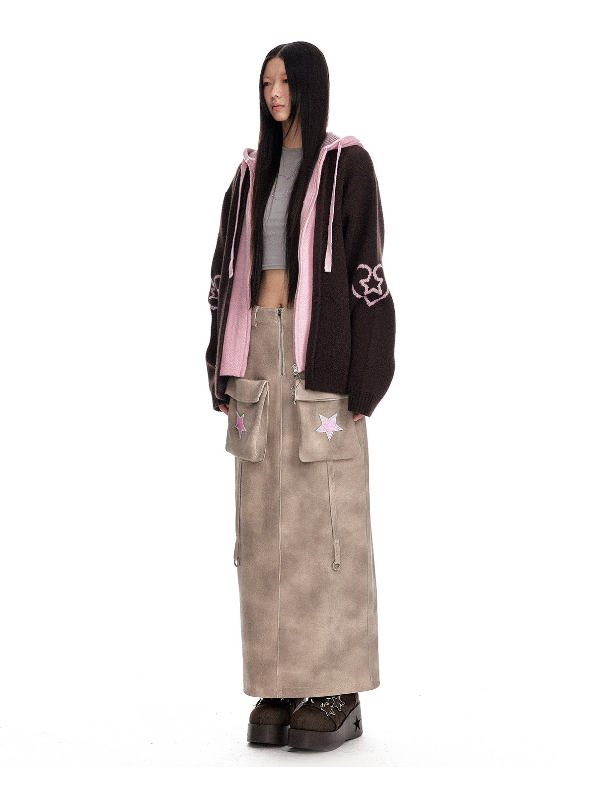 Beige Cargo Maxi Skirt with Pink Star Patch