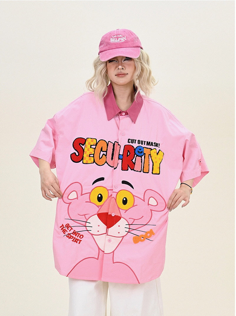 Pink Button-Up Shirt with Character & Lettering Print