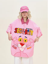 Pink Button-Up Shirt with Character & Lettering Print