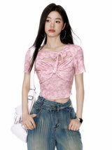 Pink Cut-Out Ribbon Crop Top