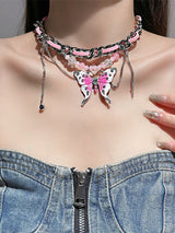 Pink Butterfly Leather Chain-Stitched Choker