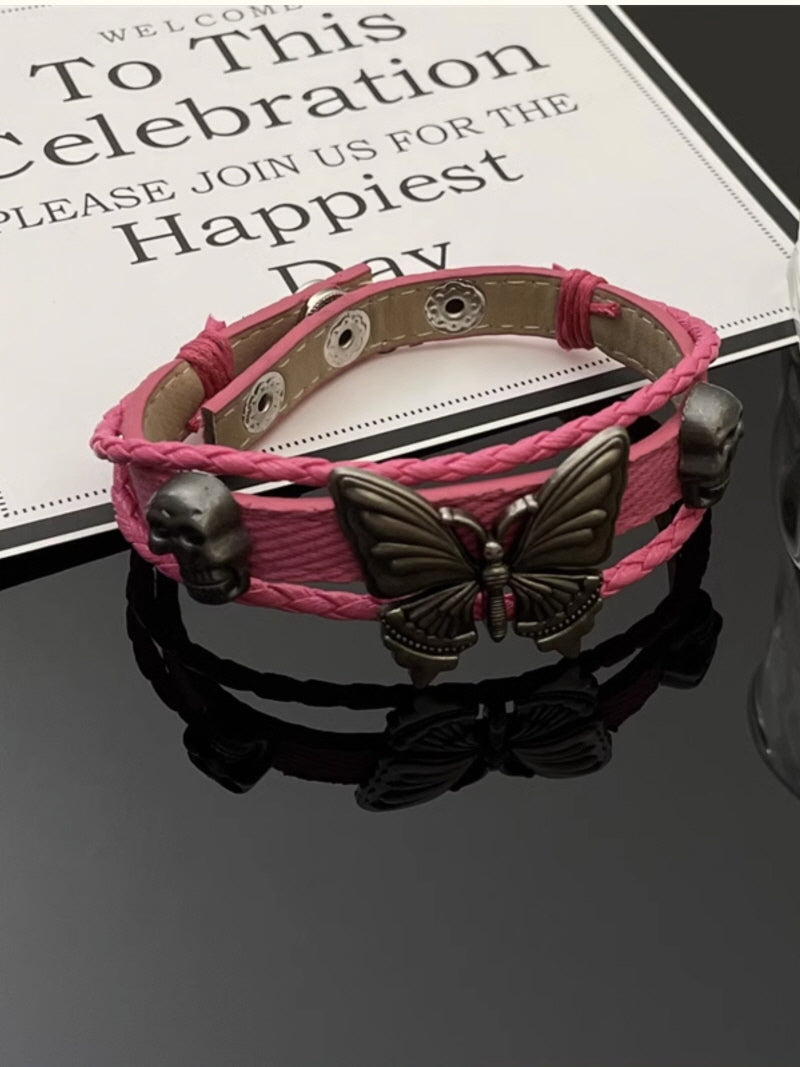 Pink Leather Butterfly Bracelet