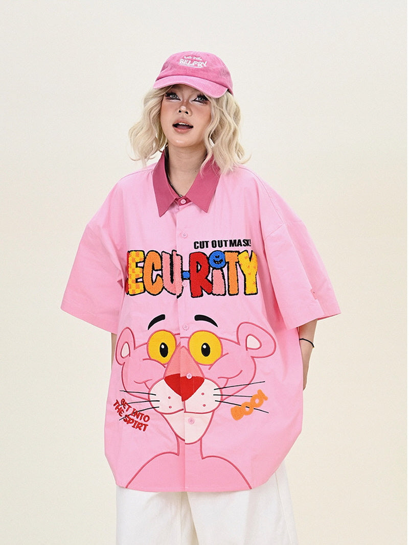 Pink Button-Up Shirt with Character & Lettering Print