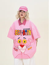 Pink Button-Up Shirt with Character & Lettering Print