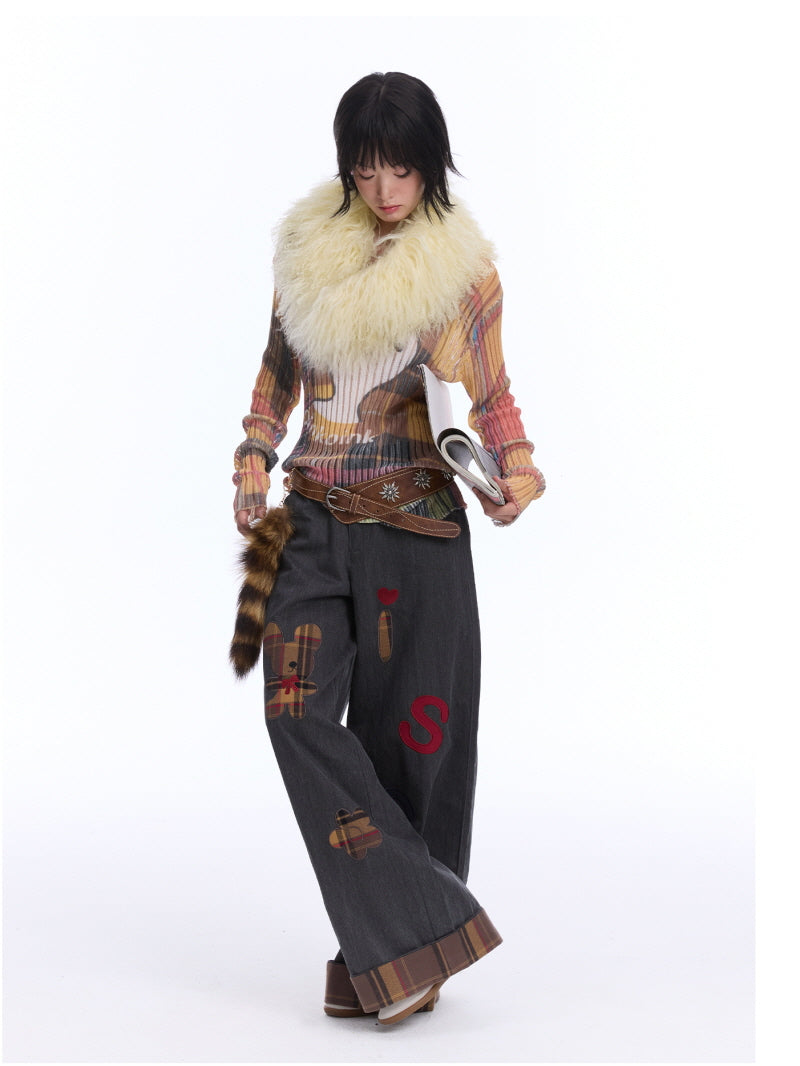 Multi-Color Check Knit Top with Ghost Print