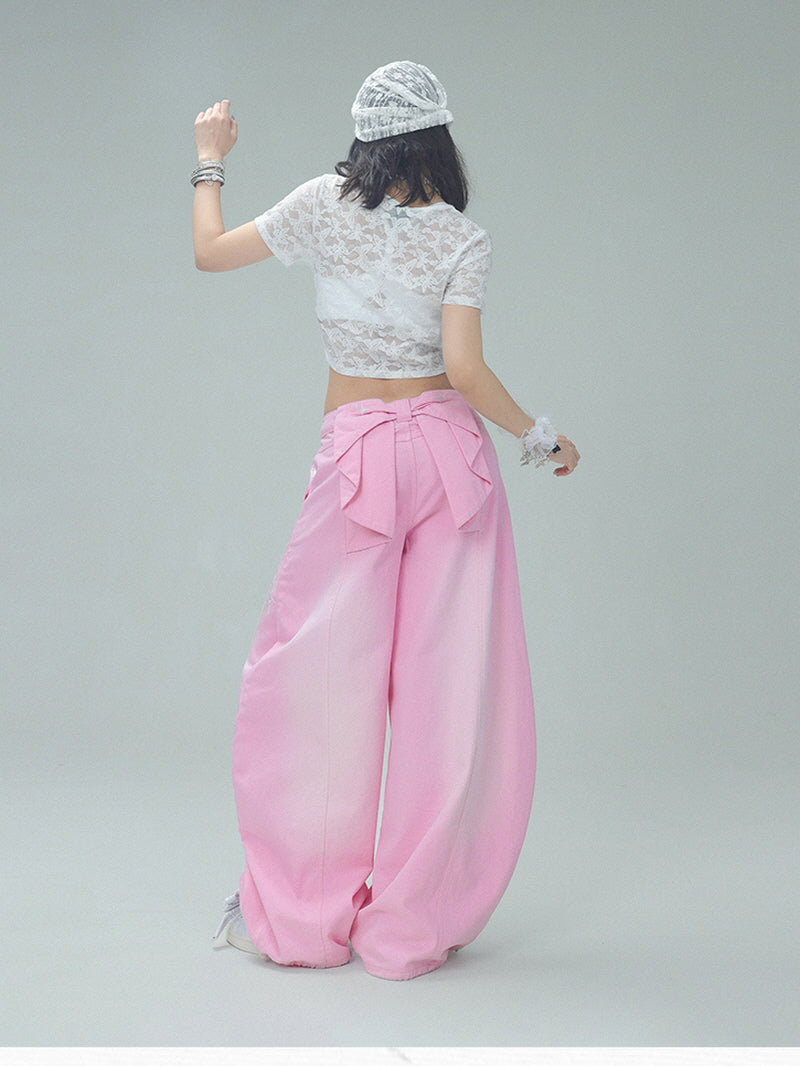 Gradient Pink Wide-Leg Pants with Back Bow Detail