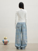 Dalmatian Print Wide-Leg Denim Pants