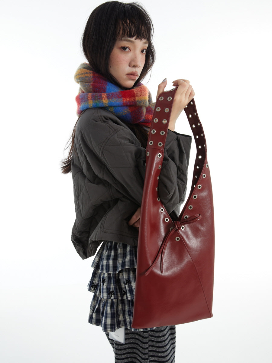 Red Wine Leather V-Cut Shoulder Bag