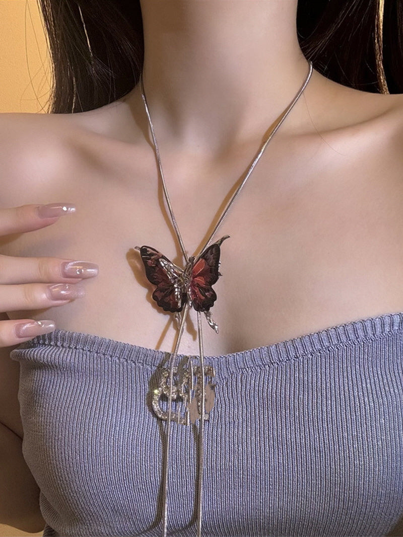 Reddish Pink Y-Shaped Butterfly Necklace