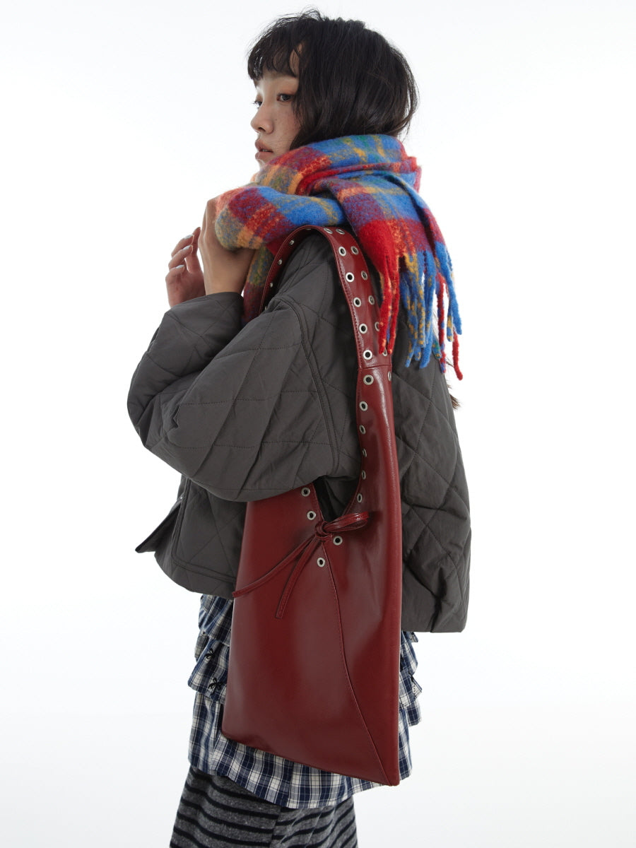 Red Wine Leather V-Cut Shoulder Bag