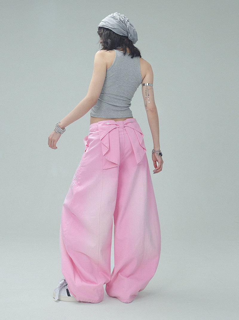 Gradient Pink Wide-Leg Pants with Back Bow Detail