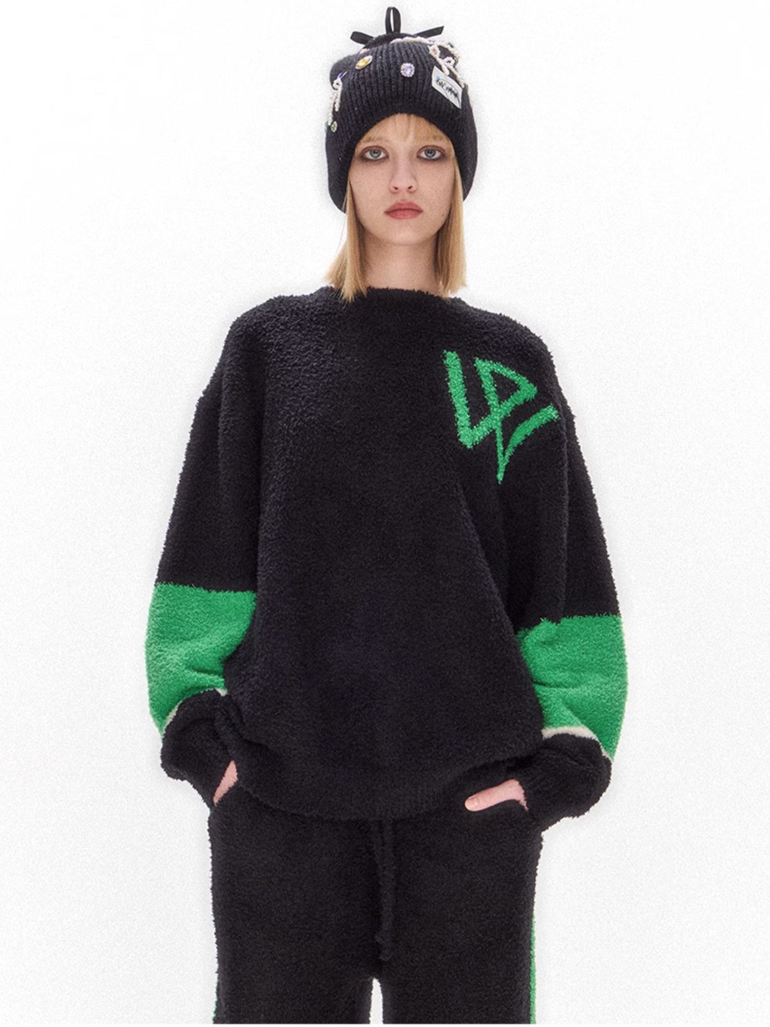 Black & Neon Green Boucle Loungewear Set