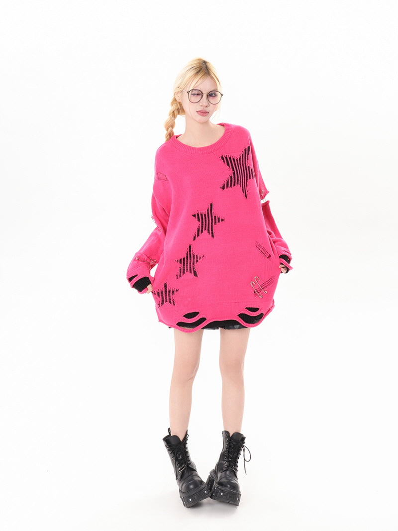 Hot Pink Slit Knit Sweater