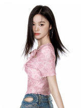 Pink Cut-Out Ribbon Crop Top