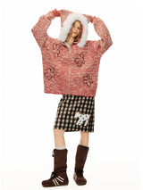 Red Flower Fur Hooded Cardigan