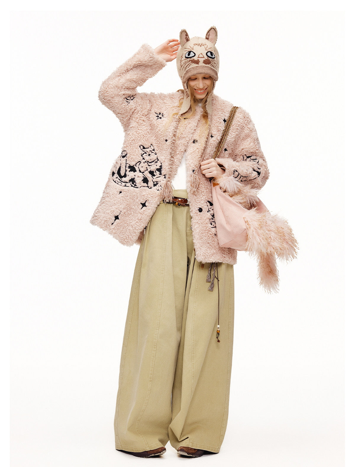 Cat Illustration Dumble Fur Jacket