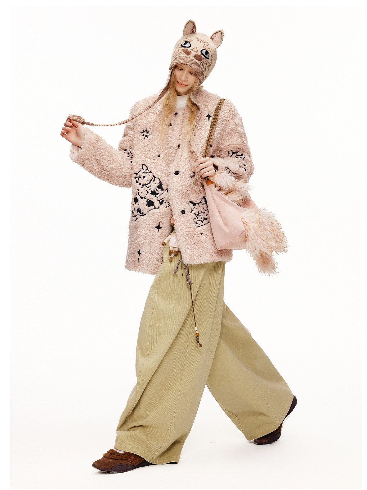 Cat Illustration Dumble Fur Jacket