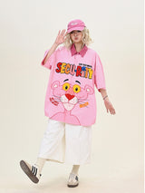 Pink Button-Up Shirt with Character & Lettering Print