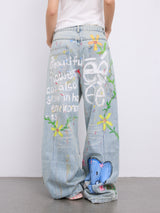Hand-Painted Style Wide Denim Pants