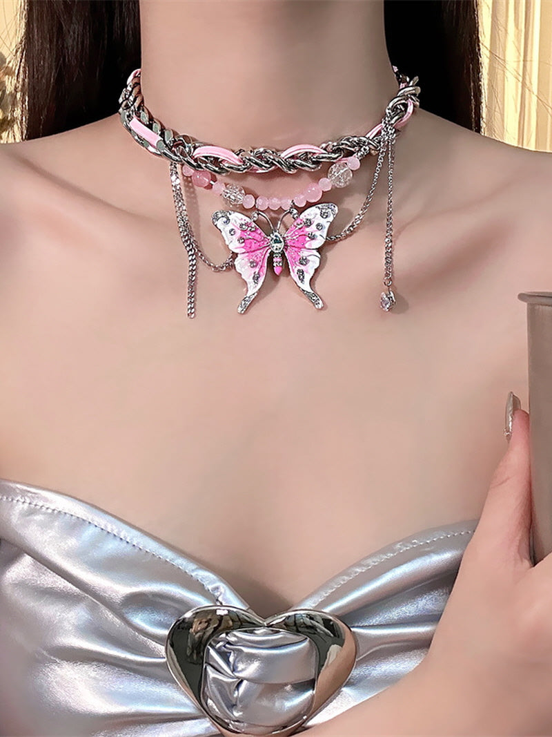 Pink Butterfly Leather Chain-Stitched Choker